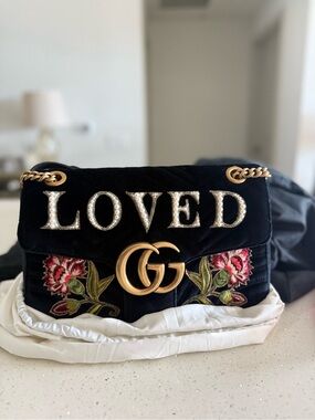 Gucci Marmont Black Velvet Embroidered love  Floral Shoulder Bag with Gold GG